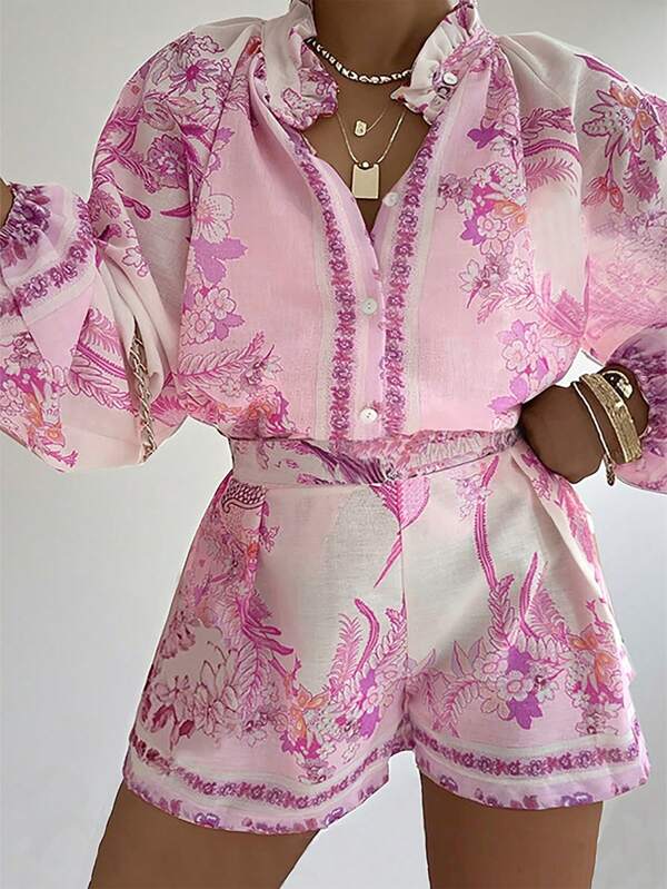 INAWLY Solva 2-delige set met bloemenprint voor dames in grote maten, shirt en korte broek