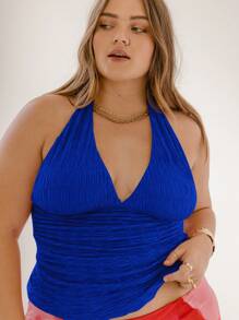Aralina Top de salir de corte ceñido con cuello de halter fruncido, sin espalda y con lazo, talla grande curva - azul real - Ver 8