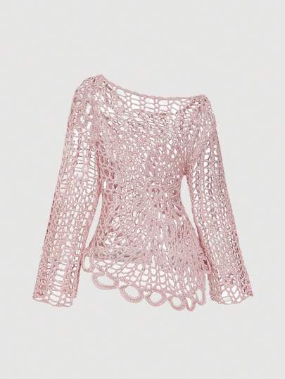 SHEIN MOD غطاء شاطئ كروشيه بلون المشمش للسيدات