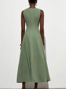 Aveloria Modichic French Simple Elegant Elegant Dress, Vertical Split Design Fit & Flare Sleeveless Dress For Women - Green - View 6