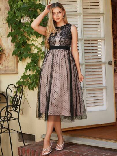 Amorya Modna damska sukienka siatkowa bez rękawów w kropki z koronkowym łączeniem, półformalna sukienka