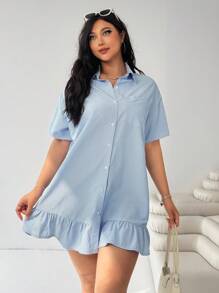 Solflare Navy Blue & White Striped Short Sleeve Ruffle Hem Splice Loose Plus Size Casual Dress, Suitable For Commuting, Back To School, Daily Casual, Dating, Outing Valentine's Day Outfit - Blue and White - View 3