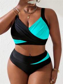 Slaydiva Conjunto de 2 piezas de traje de baño con top fruncido de contraste de talla grande para mujer, ideal para playa y vacaciones de verano