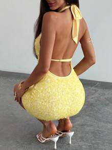 Aloruh Young Lady's Sexy Deep V-Neck Backless Mini Dress, Yellow Sequin Shell Design, Bodycon, Vacation & Dating, Spring/Summer - Yellow - View 2