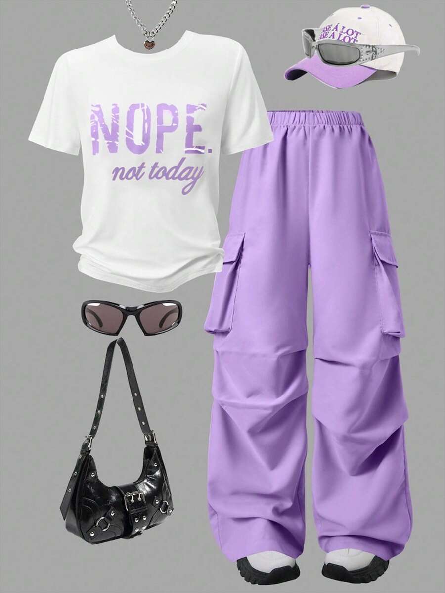 Sparklyn 2 件套青少年女孩字母印花圆领 T 恤 + 工装裤，休闲街头风格