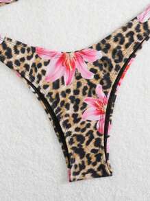 Leopard Floral Print Tankini Swimsuit, Holiday Beach Wear For Summer Beach Vacation - Multicolor - View 4