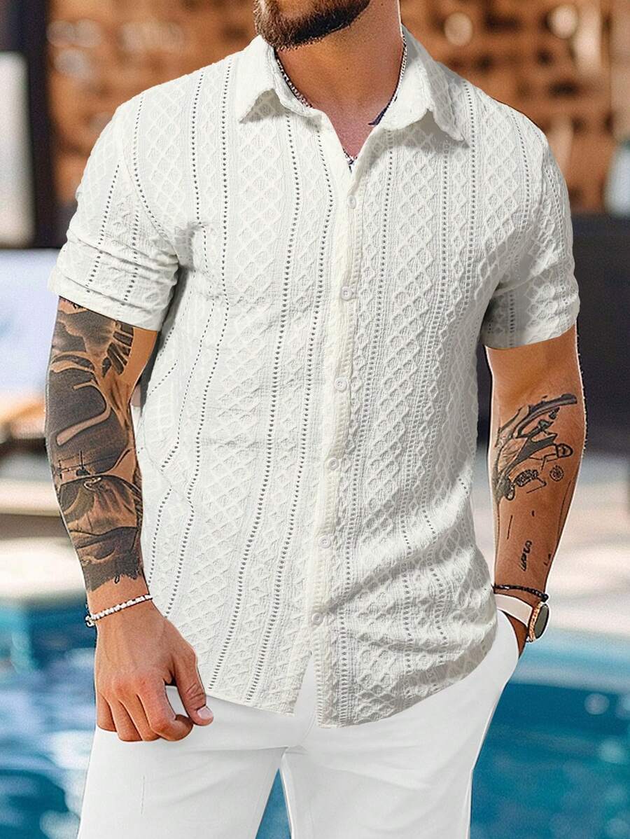 Manfinity RSRT Áo sơ mi nam tay ngắn họa tiết trơn màu thường ngày đi nghỉ - Màu be - Xem 1