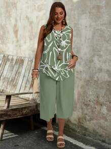 EMERY ROSE 2pcs/Set Plus Size Women Casual Vacation Green Stripe & Floral Print Set, Suitable For Summer Vcay Women Summer Sets,Vacation Outfits Woman,2 Pieces Summer Outfit Fall Clothes