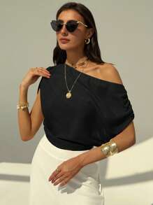 Aloruh Simple Commute Office Apricot Women Short Shoulder-Strap Fitted Blouse - Black - View 1
