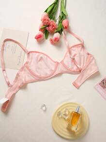 Women's Elegant Lace Patchwork Underwire Lingerie Bra, Kawaii - Pink - View 2