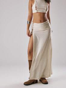 MUSERA 纹理系带侧边长裙，适合夏季、假日、度假、伊比沙岛、音乐节、锐舞派对，展现酷女孩的时尚优雅风范。 - 奶油色 - 查看 2
