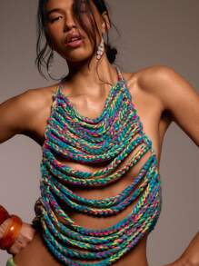 MUSERA 编织绳针织露背系带上衣，适合春季、夏季、伊比沙岛、假日、可爱、节日、度假、海滩装、海滩、波西米亚风假日节日锐舞夏季牛仔女郎夜间派对时尚 - 彩色 - 查看 2