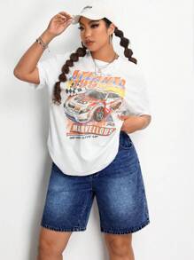 SHEIN ICON Pantaloncini di jeans larghi e morbidi di colore tinta unita, taglie comode, per outfit estivi da donna, adatti per festival, Bermuda casual - Blu lavato scuro - Visualizzare 4