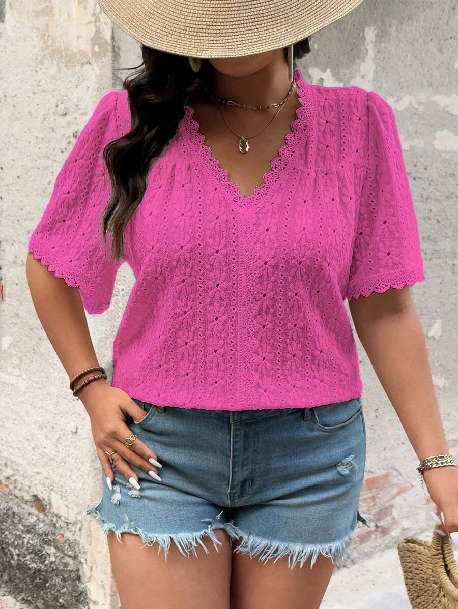 SHEIN LUNE Camiseta de punto jacquard de manga corta con cuello en V para talla grande, ropa de verano para mujeres, ropa de verano, ropa para mujeres, blusas elegantes para mujeres, ropa de talla grande para mujeres, blusas formales para mujeres, blusas casuales elegantes para mujeres - Rosa Fucsia - Ver 1