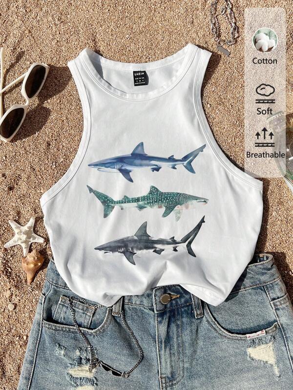 Tseoso Maiou casual din bumbac spandex, cu guler rotund, cu imprimeu cu rechin albastru și viață oceanică, pentru femei, potrivit pentru o escapadă de vară