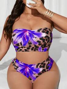 Swim Lushoire Plus Size Leopard & Tropical Floral Random Print Swimsuit Set For Summer Beach Vacation - Purple - View 4