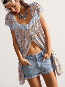 Bohemela 女式休闲梭织格子领荷叶边袖子和下摆宽松迷你连衣裙 - 薄荷綠 - 查看 1