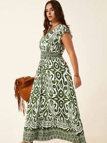 SHEIN LUNE 大码女式几何印花褶皱盖袖系腰连衣裙，夏季，褶皱荷叶边饰袖系腰分层喇叭下摆休闲度假连衣裙，带定位印花，骄傲月服装，佩利斯印花，毕业礼服，夏季服装，度假服装，长裙，收腰长裙，女士夏季服装，优雅连衣裙，女士波西米亚风/波西米亚风连衣裙，度假服装，度假优雅服装，度假礼服，度假优雅服装，浪漫优雅，老钱，通勤，优雅的日常派对活动，太阳裙 - 綠色 - 查看 9