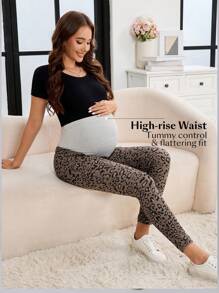 SHEIN Maternity Leopard Print Elastic Waist Adjustable Skinny Jeans - Dark Wash - View 9