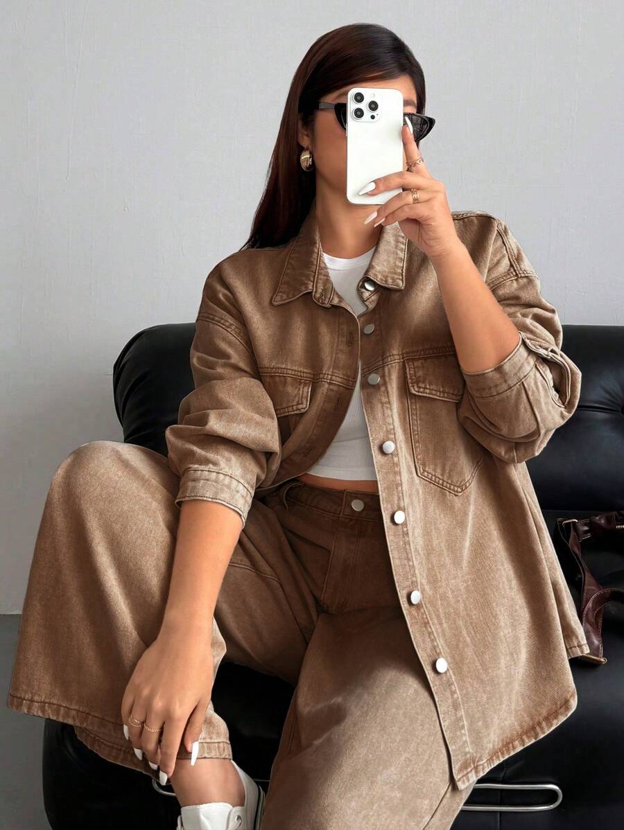 SHEIN ICON 大码女式休闲水洗宽松牛仔裤 - 棕色 - 查看 1