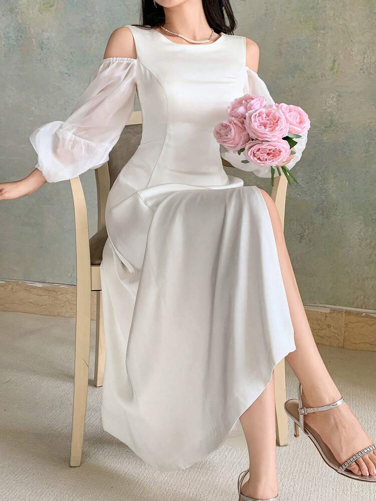 Women's White Elegant Autumn Puff-Sleeve High Slit Off-Shoulder Long Sleeve Party Maxi Dress,Resort Birthday Wedding Guest Dining Attire