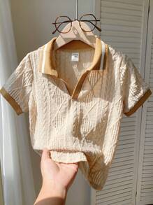 SHEIN Little Byeori 这款青少年男童运动休闲撞色短袖Polo衫，饰有精美细节，适合通勤、上学、日常休闲、度假、旅行、运动、亲子装、生日派对等场合，也适合春夏秋季穿着。 - 卡其色 - 查看 5