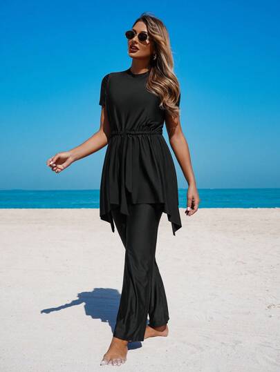Swim Mulvari New Summer Women Crew Neck Short Sleeve Cinched Waist Dress + Pants Black Casual Resort Burkini 2-Piece Set