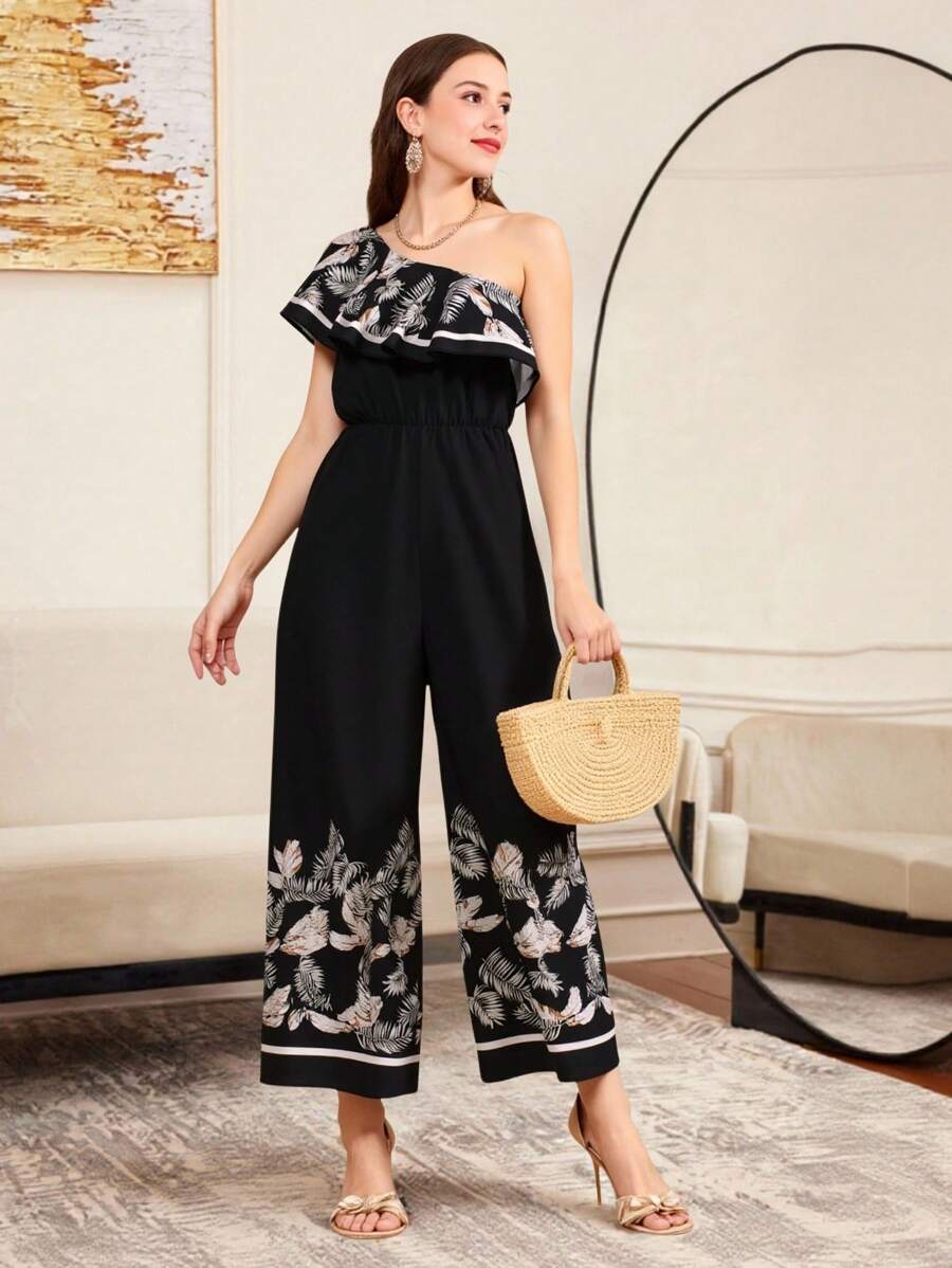 Teens Girls' Vacation Style Floral Print Ruffle Waist Wide Leg Jumpsuit - Black and White - View 1