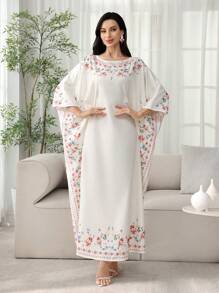 Al Najma 绿松石圆领印花长款束腰外衣，春夏季，朴素的卡夫坦 - 彩色 - 查看 3