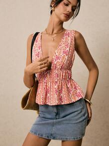 Poéselle 女士全印花深V领荷叶边下摆度假上衣，外出上衣，可爱夏季上衣，度假，沙滩 - 杏色 - 查看 7