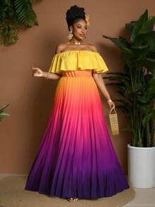Maweii Đầm Maxi Họa Tiết Hoa Ombre Cho Kỳ Nghỉ Bãi Biển Cỡ Lớn Với Thiết Kế Ruffle Vai Thời Trang, Hàng Mới Về Mùa Xuân/Hè 2025 - Nhiều màu - Xem 4
