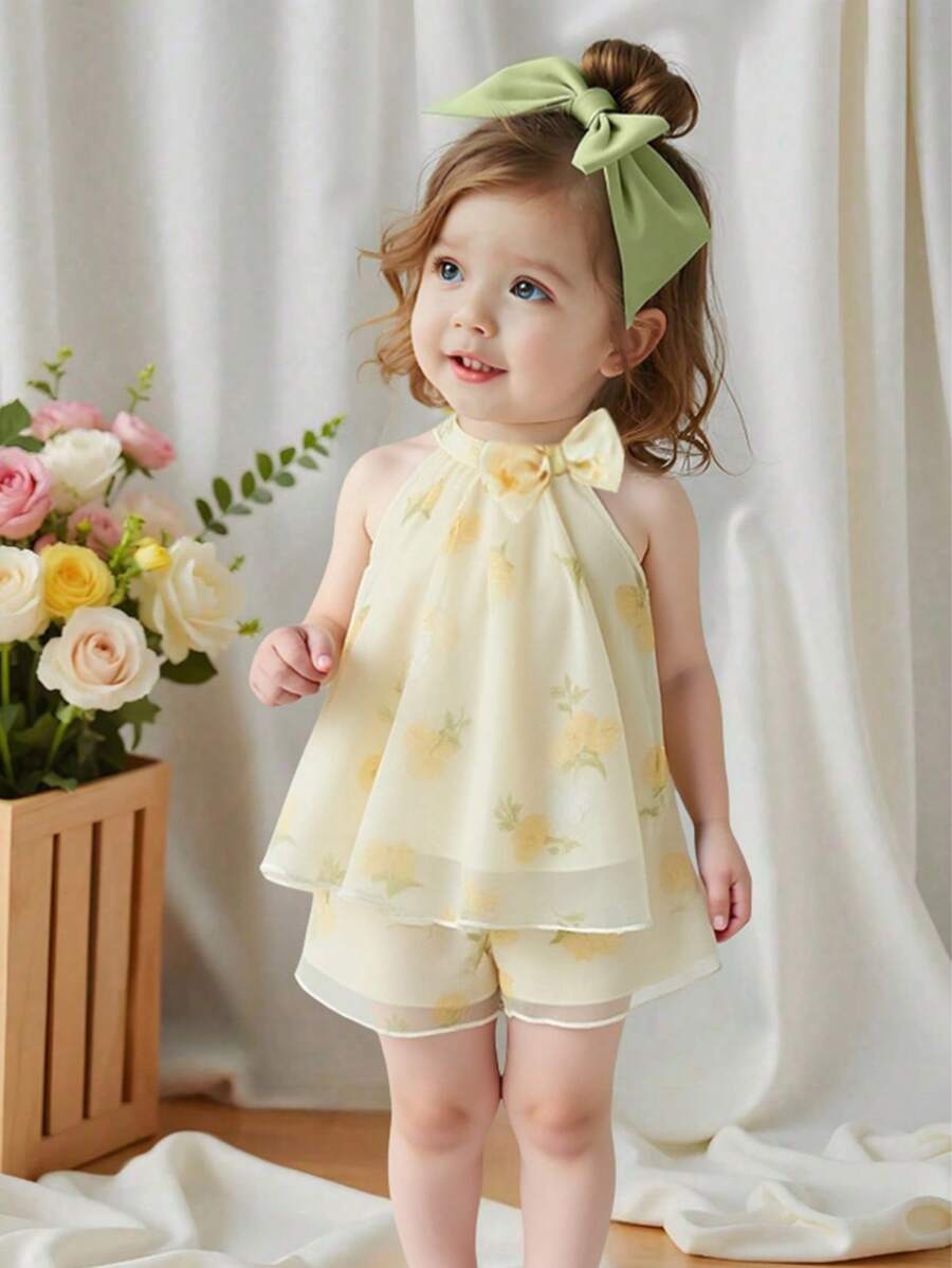 Souflis Souflis Baby Girls' Floral Embroidered Chiffon Butterfly Decor Sleeveless Top And Shorts 2 Pieces Set, Sweet And Energetic For Summer