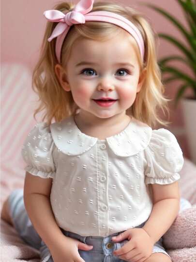 Souflis Souflis 女婴幼儿 0-3 岁经典甜美镂空纹理编织彼得潘领泡泡袖白色衬衫