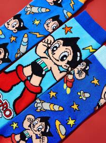 Astro Boy X SHEIN 3 Paar Baumwoll Kinder Socken mit süßen Cartoon Motiven, feuchtigkeitsableitend, atmungsaktiv und weich, Mittelhöhe, verstärkte Zehen und Fersen für Haltbarkeit, geeignet für alle Jahreszeiten, Schule und Alltag, blau