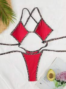 Swim SXY 女士夏季沙滩装，豹纹连体泳衣，性感比基尼，适合欧美风格度假游泳 - 紅色 - 查看 4