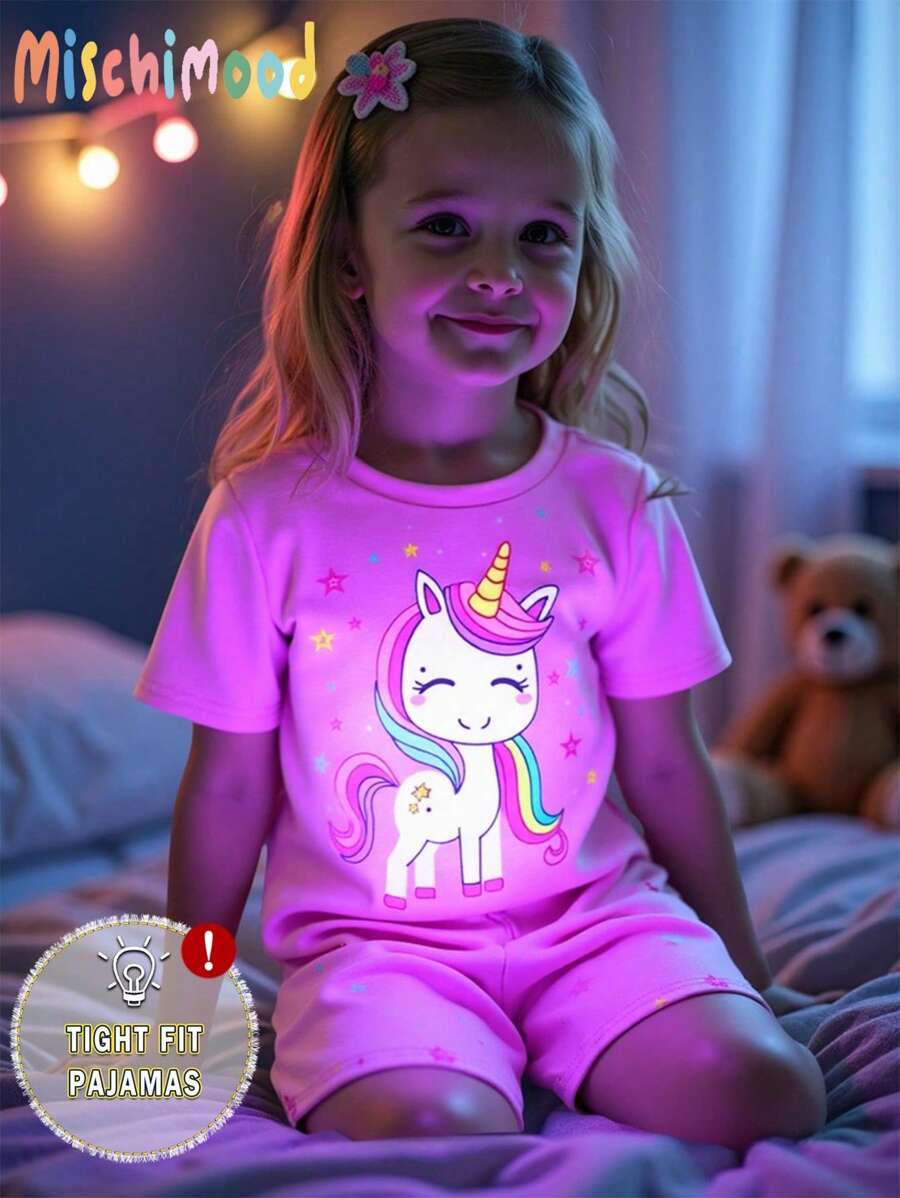 SHEIN 2 件套少女可爱独角兽印花海军蓝短袖舒适上衣和短裤睡衣套装 - 玫紅色 - 查看 1