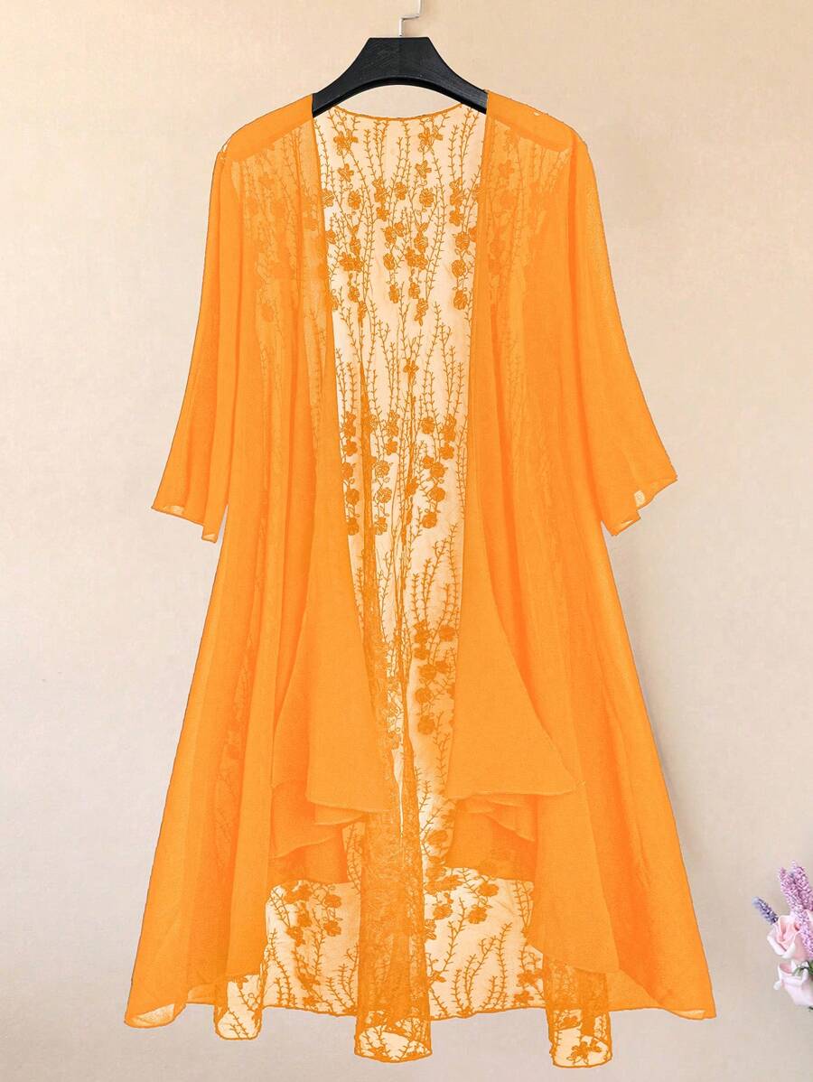 EMERY ROSE Plus Size Women Floral Embroidered Mesh Blouse For Vacation & Casual Wear - Yellow - View 1