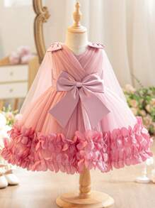 SHEIN Glamorique Kids New Spring Summer Girls Party Flower Girl Dress, Lovely Fluffy Flower Bow Sleeveless Wedding Party Princess Dress Wedding Dusty Pink Elegant - Dusty Pink - View 3
