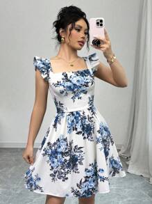 Rafferiza Summer Elegant Random Floral Print Tie-Up Backless Dress - Multicolor - View 2