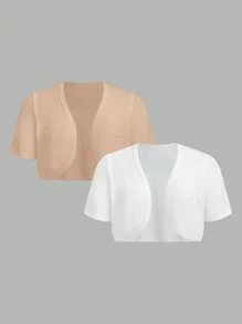 SHEIN EZwear 2pcs Plus Size Women Summer Short Sleeve Multi-Color Cardigan Two Piece Sets Cropped Cardigans Winter Fall Autumn - Multicolor - View 10