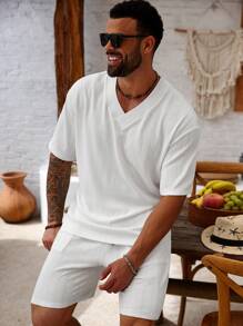 Manfinity Homme Set de tricou și pantaloni scurți cu mânecă scurtă, culoare solidă, casual, pentru bărbați, mărime mare, de vară - alb - Vizualizare 5