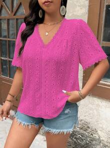 SHEIN LUNE Camiseta de punto jacquard de manga corta con cuello en V para talla grande, ropa de verano para mujeres, ropa de verano, ropa para mujeres, blusas elegantes para mujeres, ropa de talla grande para mujeres, blusas formales para mujeres, blusas casuales elegantes para mujeres - Rosa Fucsia - Ver 4