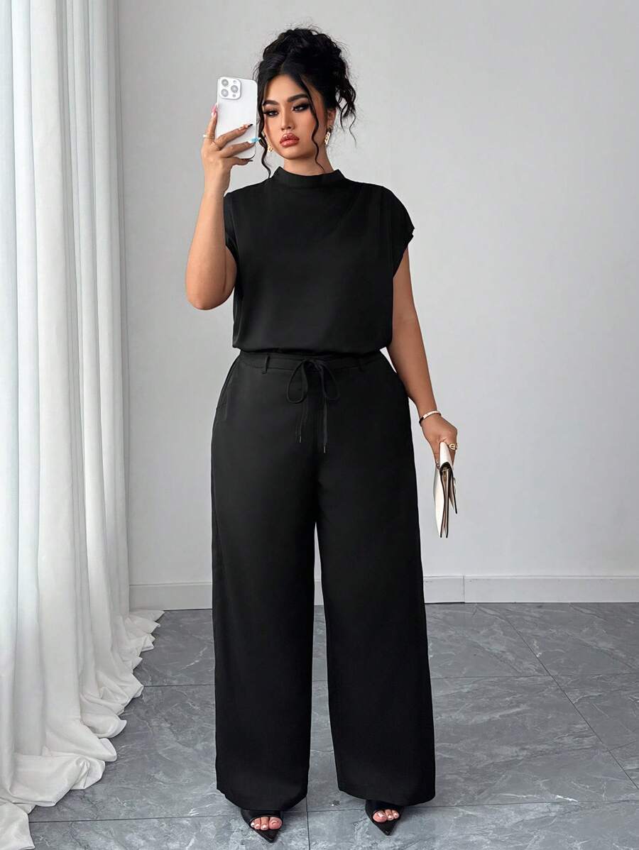 Elenzga Set de 2 piezas Talla grande Camisa informal elegante de tejido sólido sin mangas y Pantalones anchos de pierna de tejido sólido, Conjunto de ocio para mujer