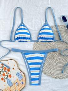 Swim SXY Women Textured Striped Print Tie Front Backless Sexy Bikini Set For Beach Vacation - Blue and White - View 5