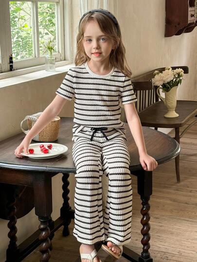 LMoss Kids LMoss 2pcs/Set Girl Knit Striped Round Neck Casual T-Shirt & Fitted Long Pants Outfit Girls Lounge Set Two Pieces Pants Set Kids Summer Lounge Set Tweens Two Piece Pants Set Kids Tween Girl Clothes Pants Set Tween Matching Set Knit Girls Co Ord Set School Tops
