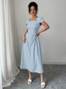 Elenzga 女装法式优雅通勤休闲度假下午茶纯色方领收腰修身休闲泡泡袖中长连衣裙，春夏 - 藍色 - 查看 5