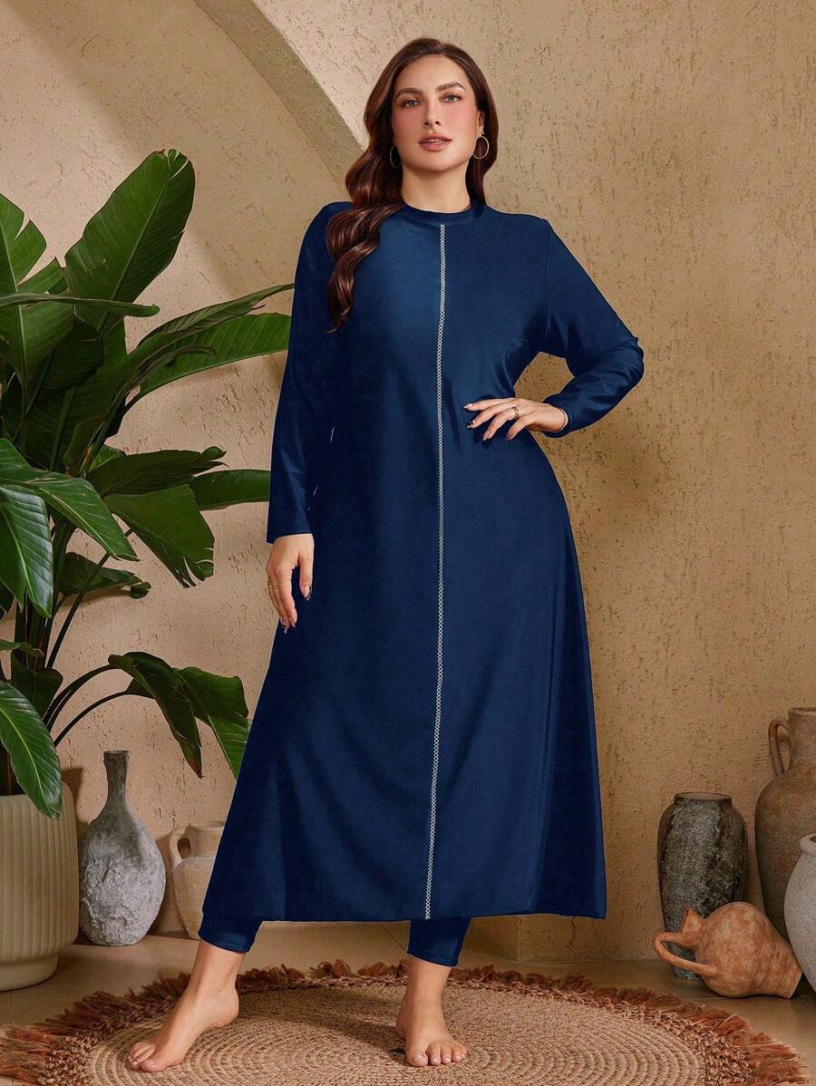 Swim Mulvari 2pcs Plus Size Women's Solid Color Burkini Set: Lined Decorated Band Mid-Thigh Swimsuit Top And Solid Color Pants For Summer Beach Vacation - Navy Blue - View 1