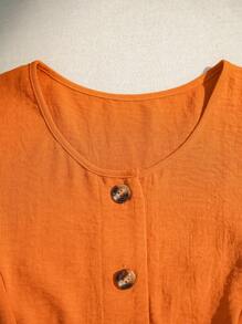 Omancia 2pcs Women Linen-Like Texture Faux Wood Button Front Sleeveless Shirt And Shorts Casual Set - Orange - View 5