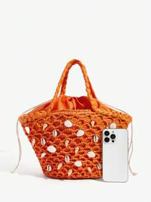 SHEIN SXY 女士手提包，时尚，优雅，简约，个性，多功能，草编包，贝壳，海螺，适合海滩，度假，节日，夏季，海边 - 橘色 - 查看 6