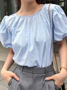 FRIFUL 女士棉麻外观宽松荷叶边袖圆领夏季短袖休闲甜美衬衫，适合夏季、独立日 - 藍色 - 查看 5